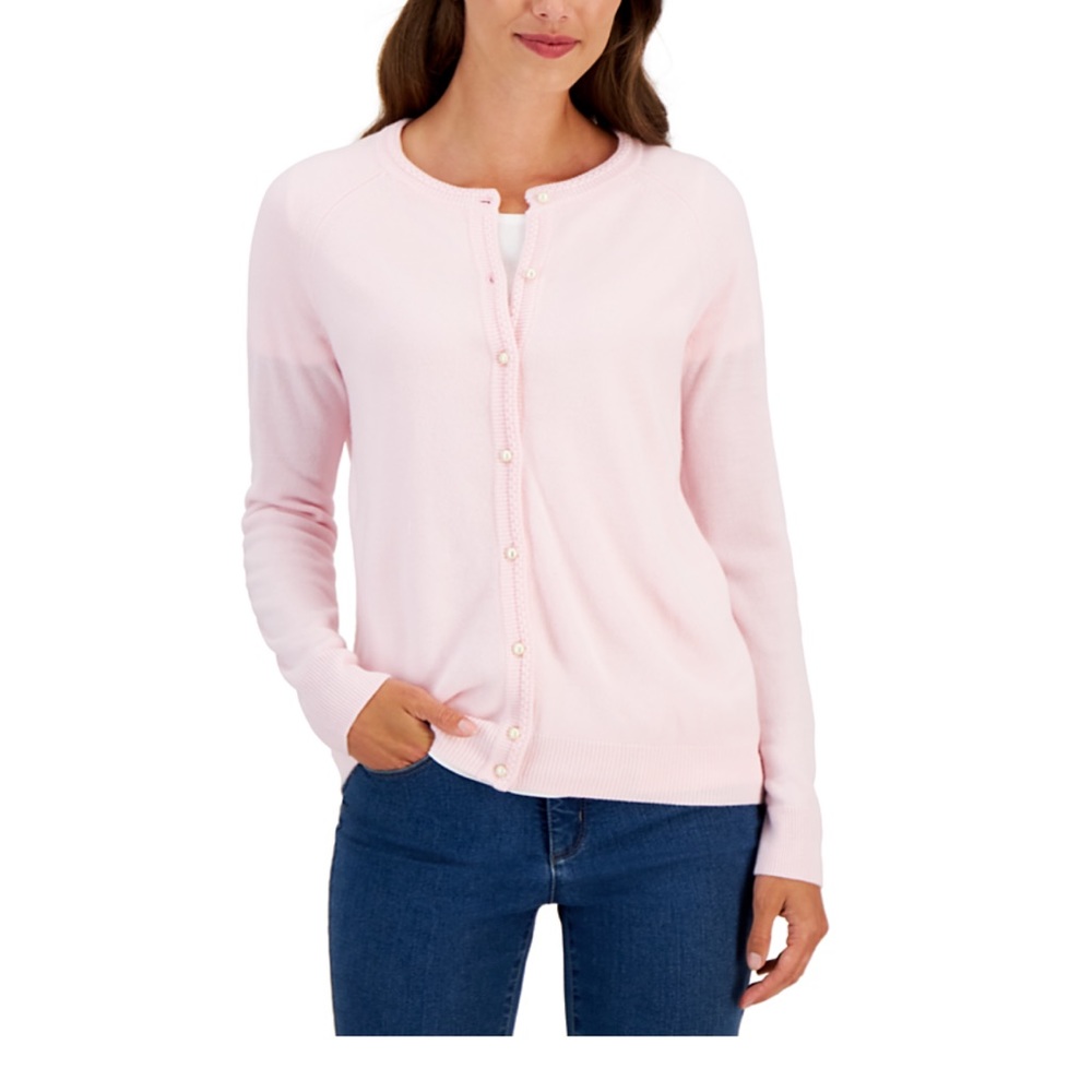 Soft women’s pearl button pink crewneck cardigan